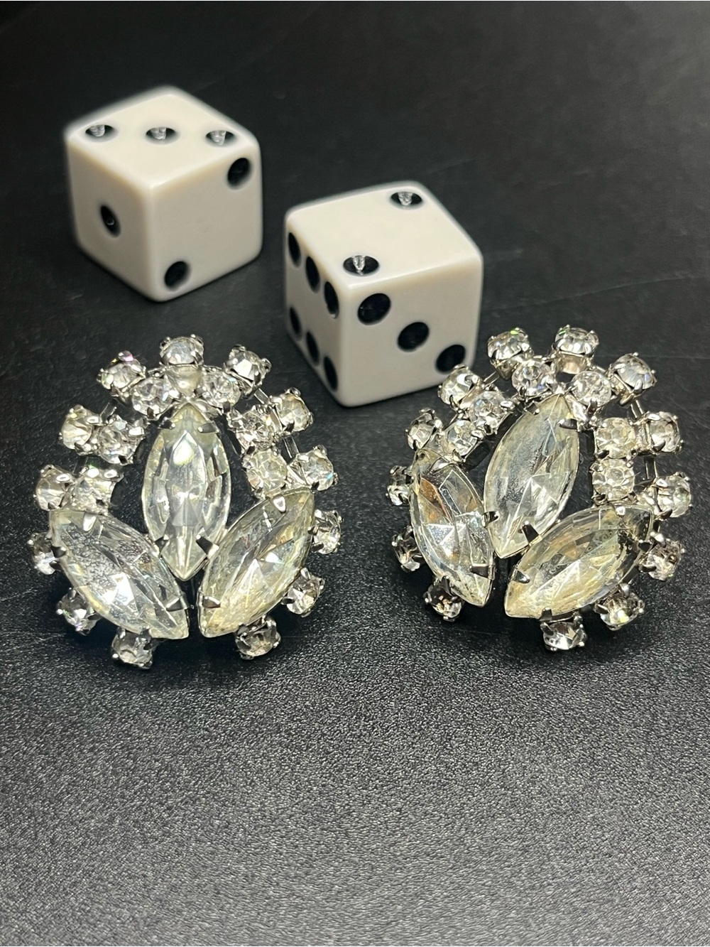 Vintage Rhinestone Screw Back Earrings Clear Navette Stones